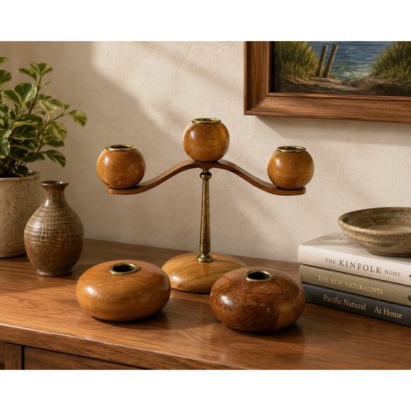 Myrtle Craft Studios of Grants Pass Other - MCM Myrtlewood Candle Holder Set Oregon Myrtle Craft Studios 3 Arm + 2 Single